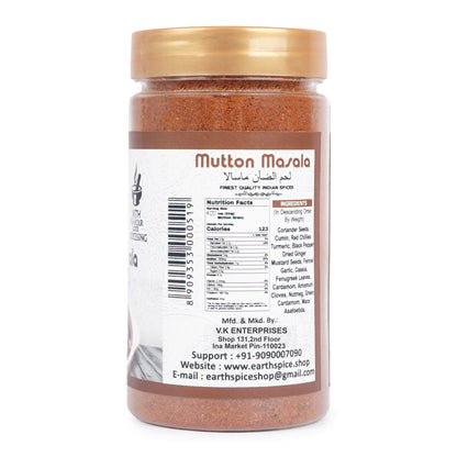Jar of Earthspice Mutton Masala with label on a white background.