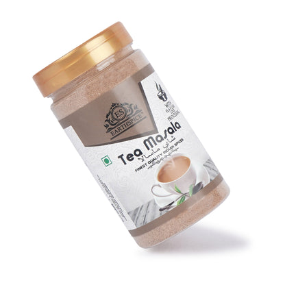 Earthspice Tea Masala mix with a gold lid.