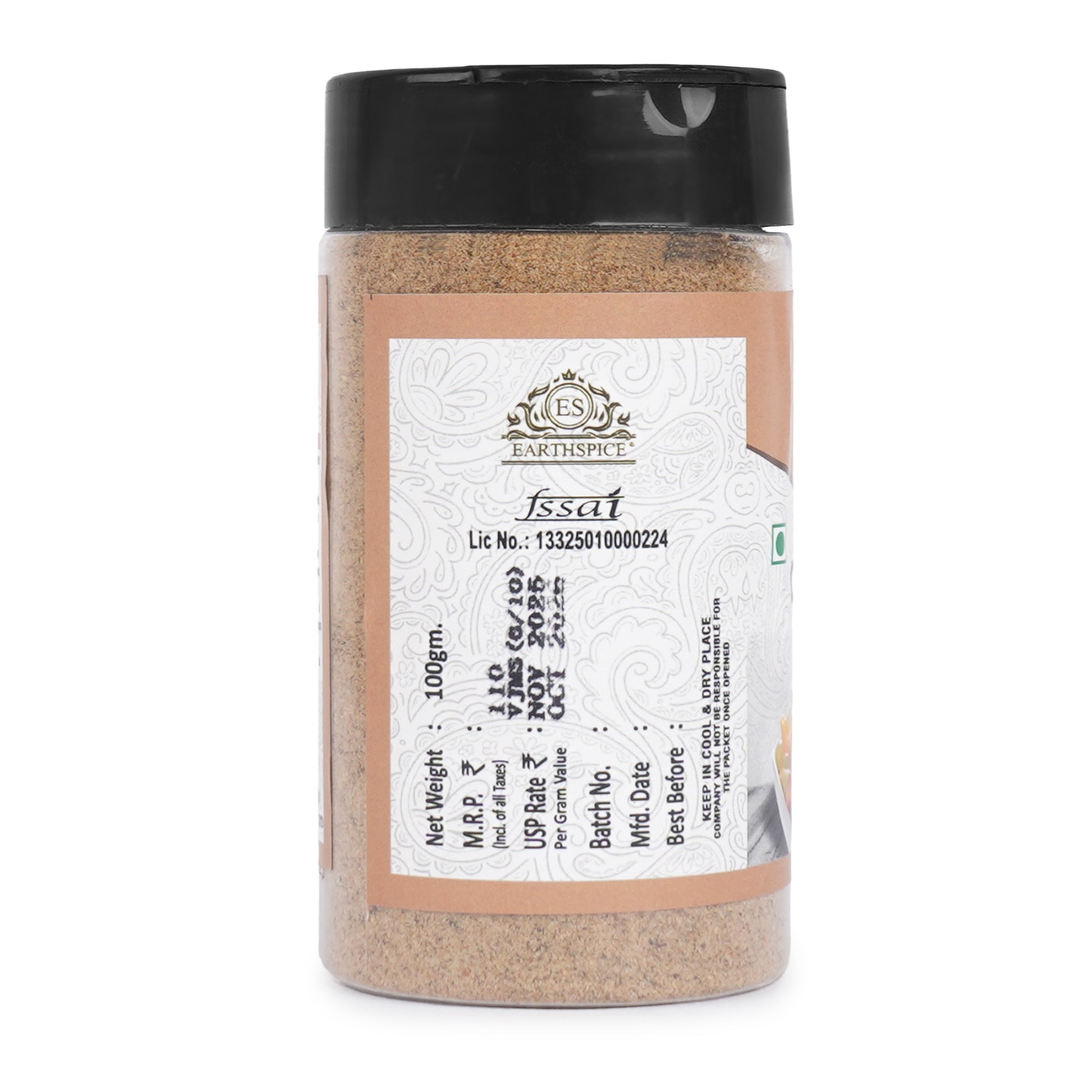 Earthpice chaat Masala jar with a label