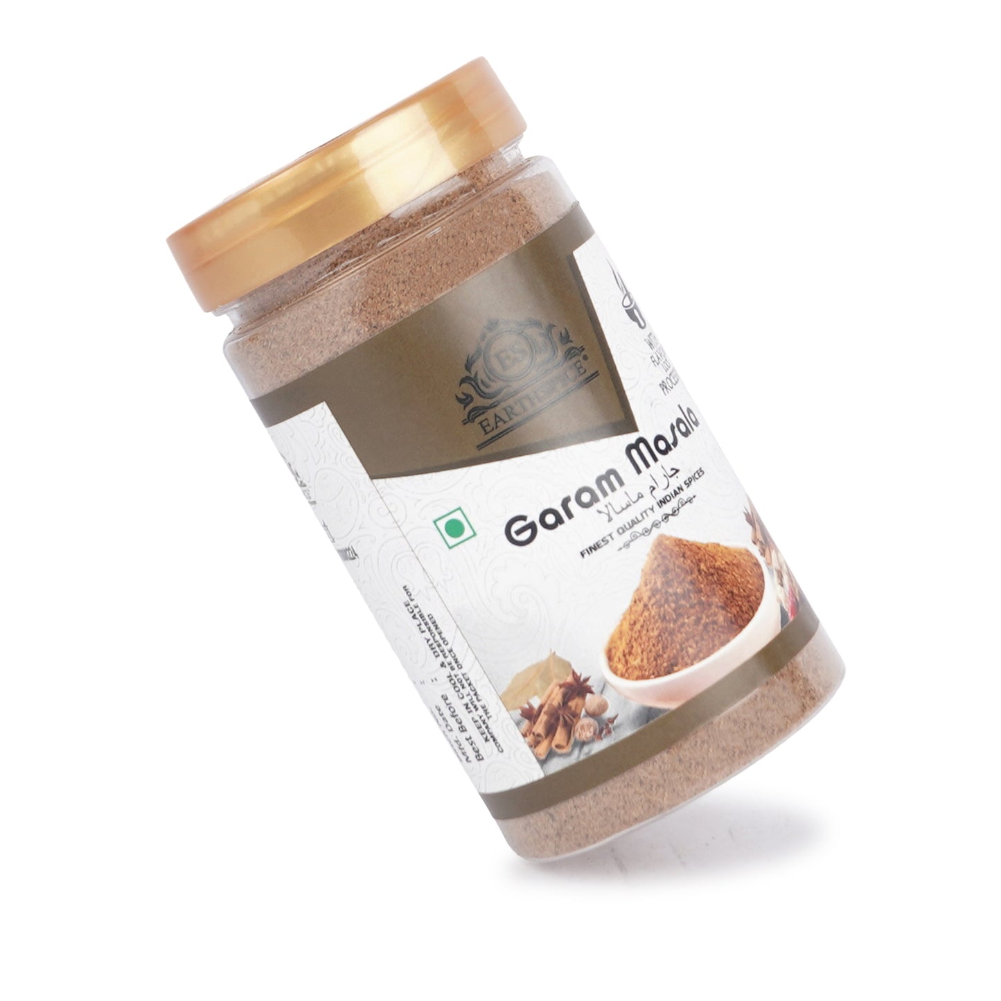 Earthspice Garam Masala spice mix with a gold lid.