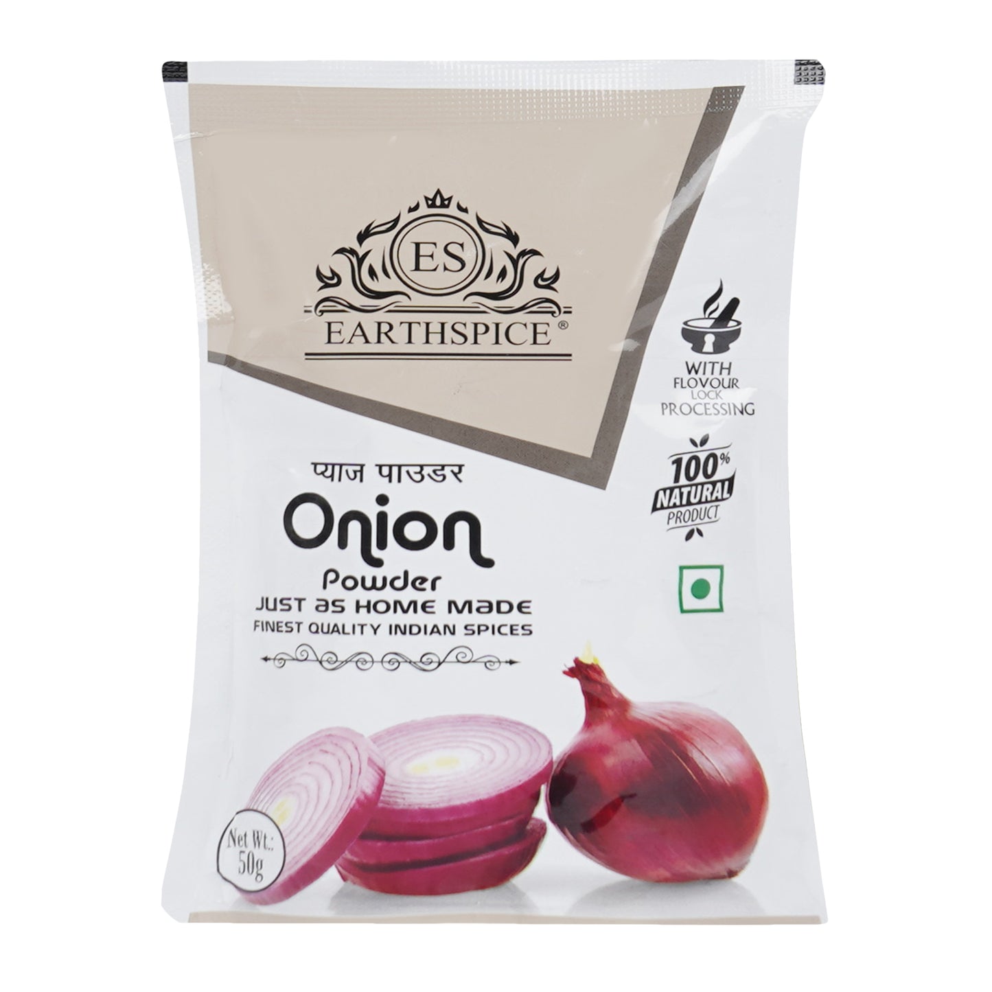 Earthspice onion powder package with onions on a white background