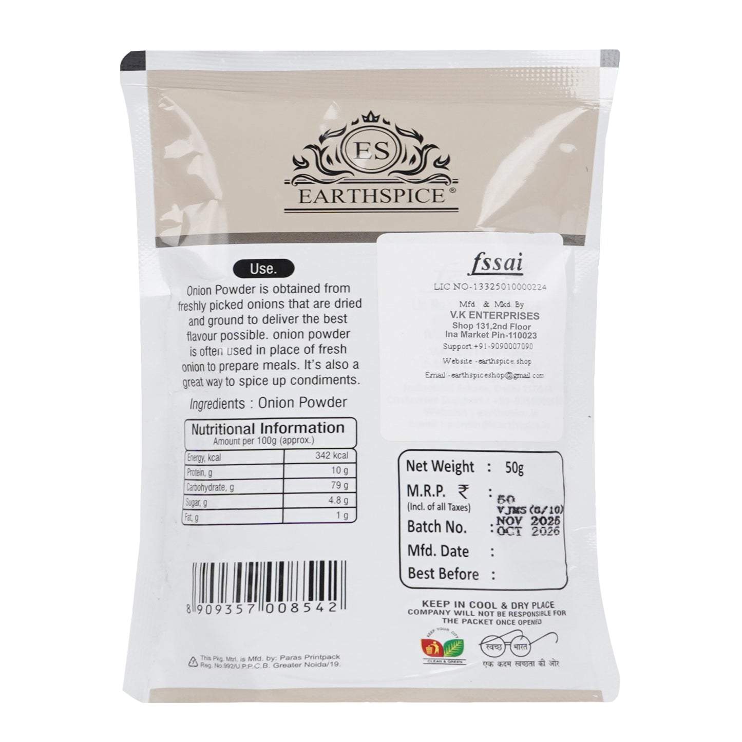Earthspice onion powder package with nutritional information and branding details.