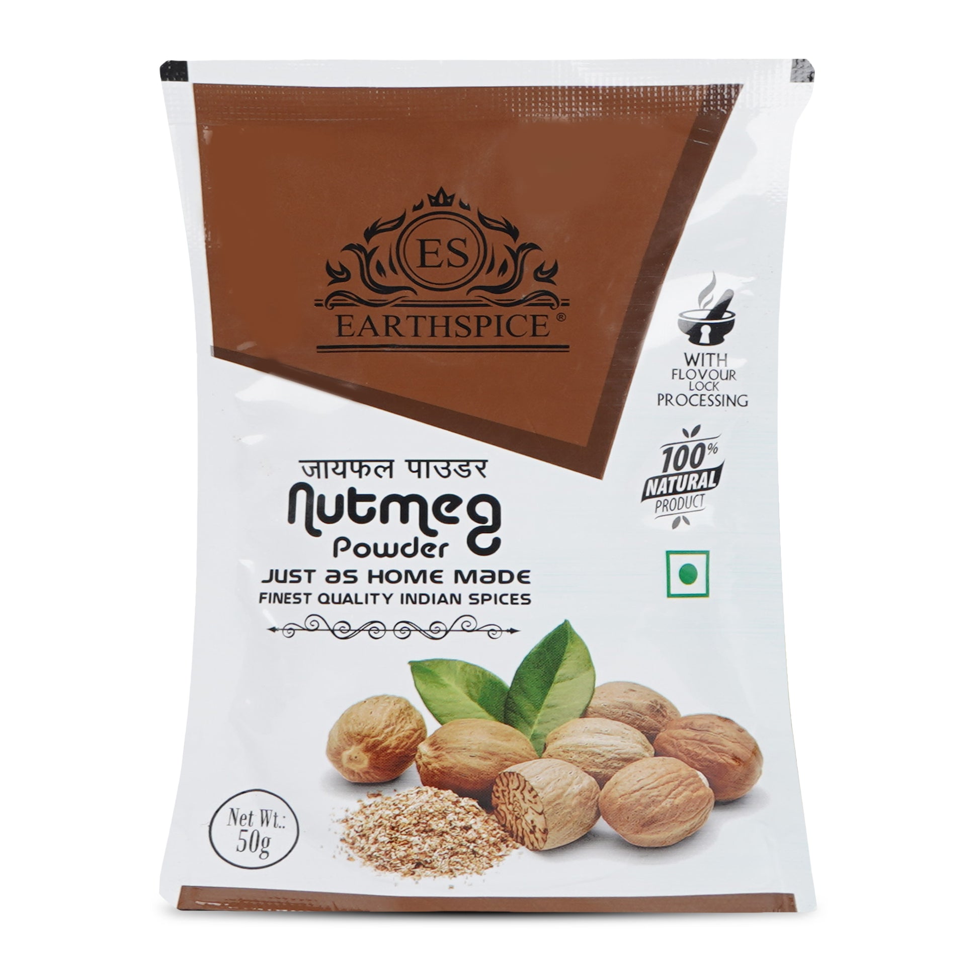 Earthspice nutmeg powder packaging on a white background