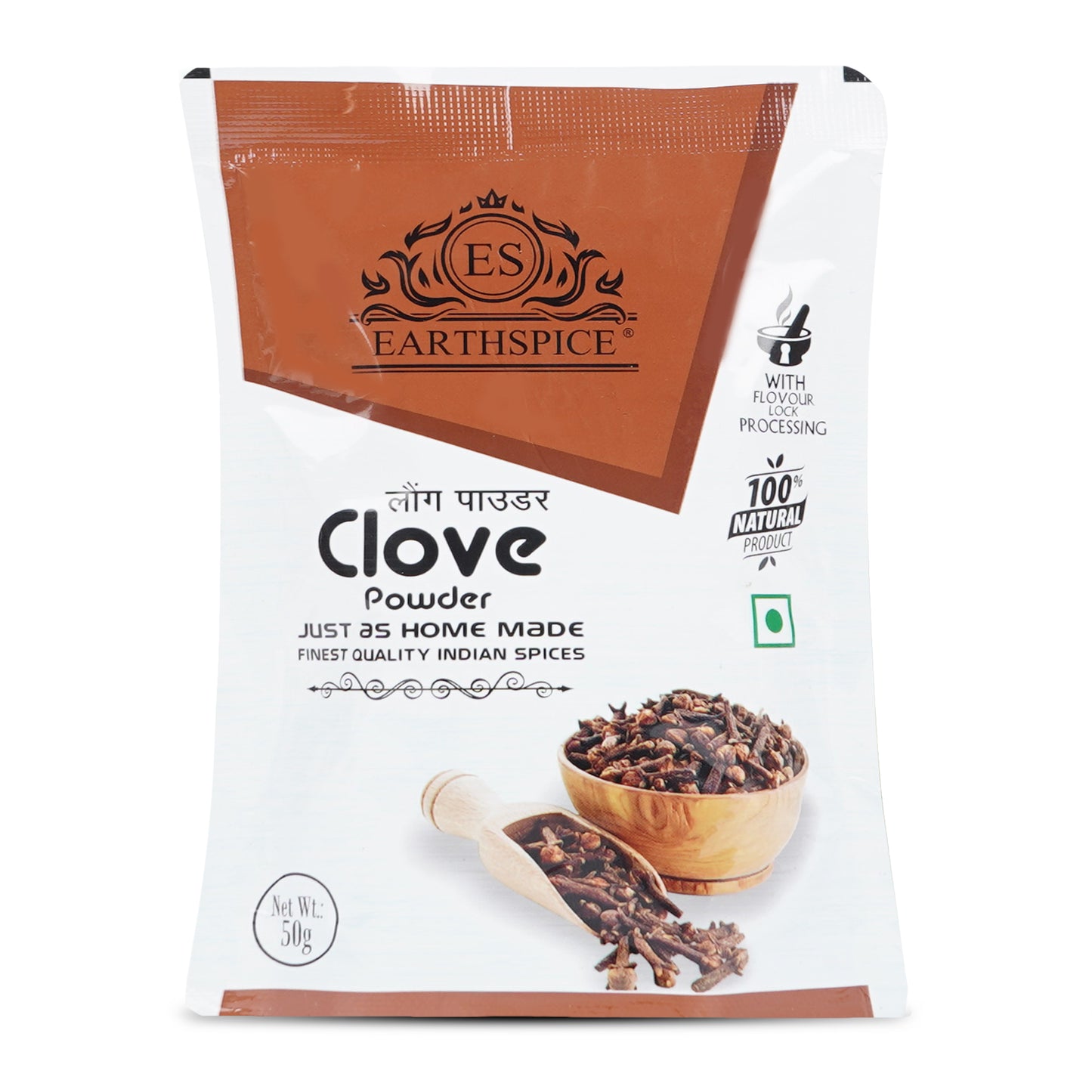 Earthspice clove powder packaging on a white background