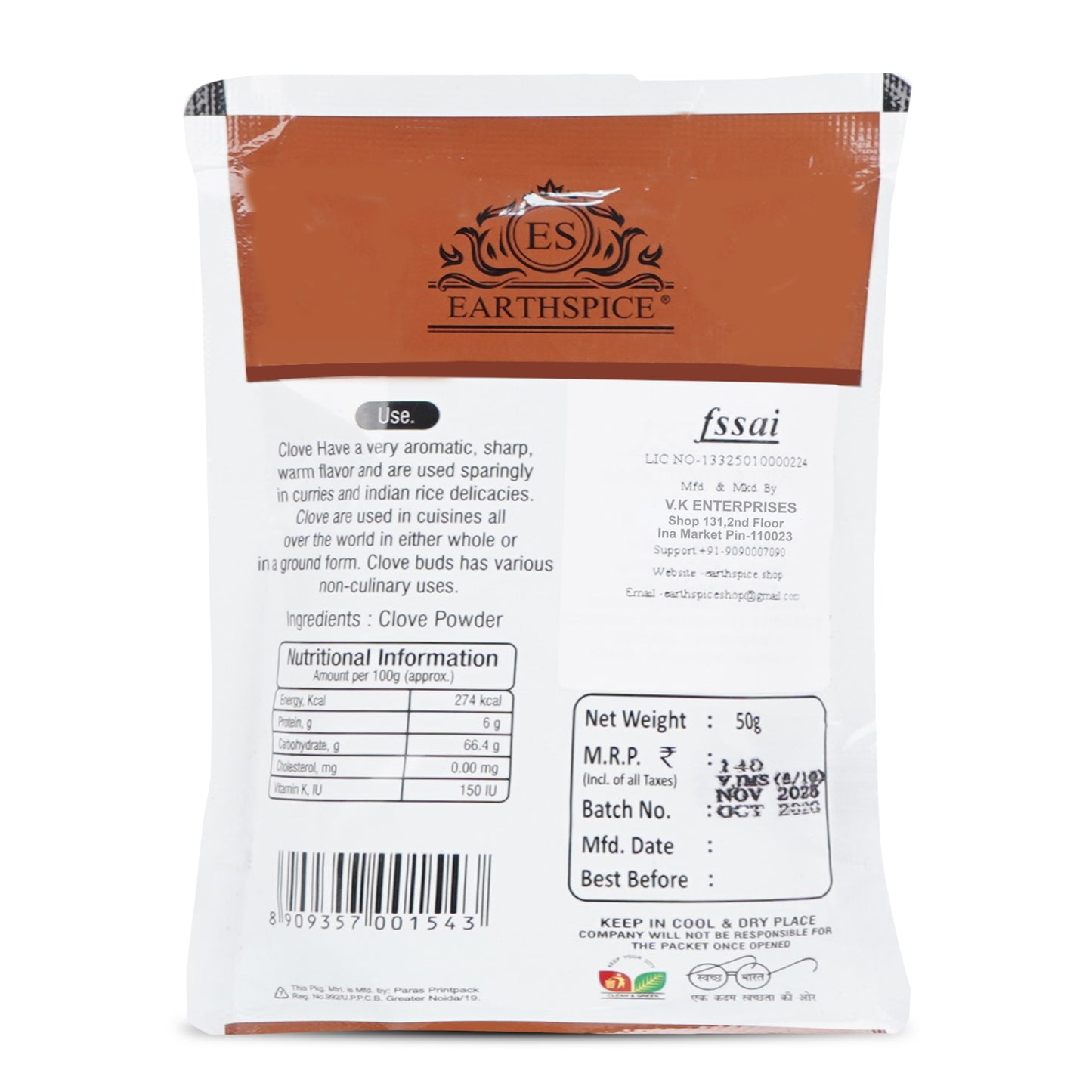 Earthspice clove powder package with text and labels.