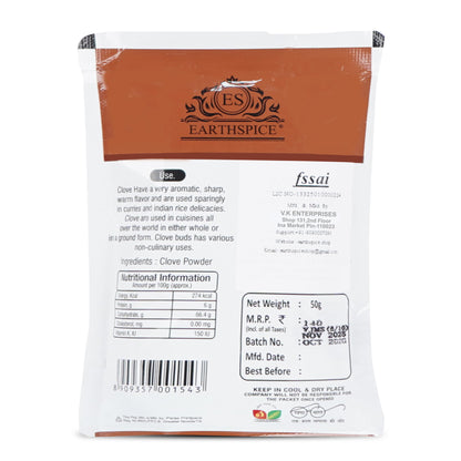 Earthspice clove powder package with text and labels.