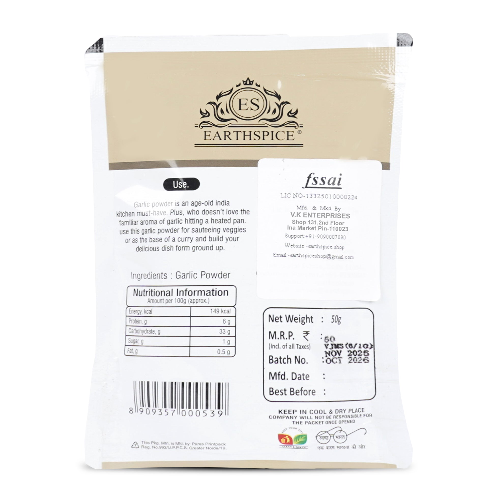 Earthspice garlic powder package with label