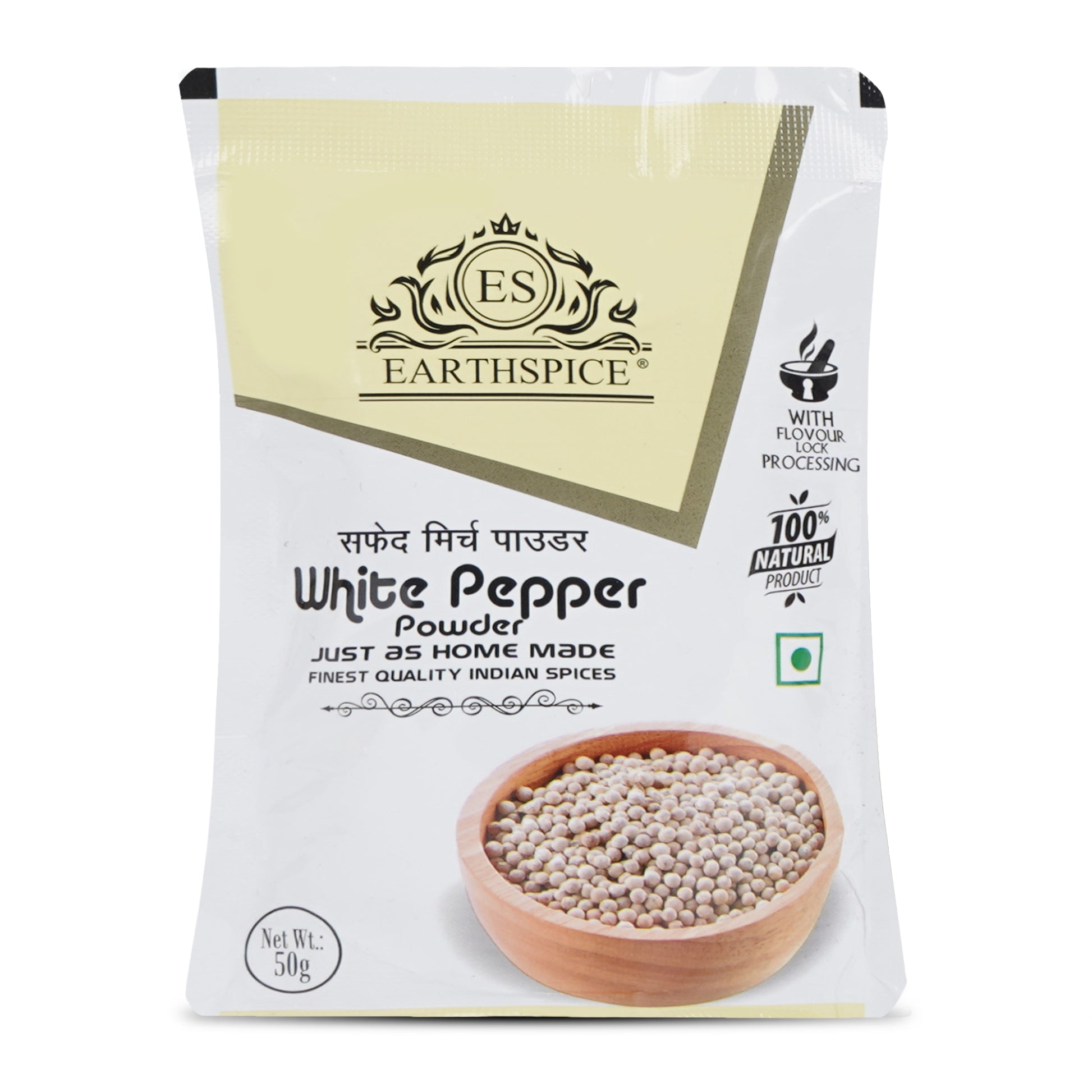 Earthspice white pepper powder packaging on a white background.