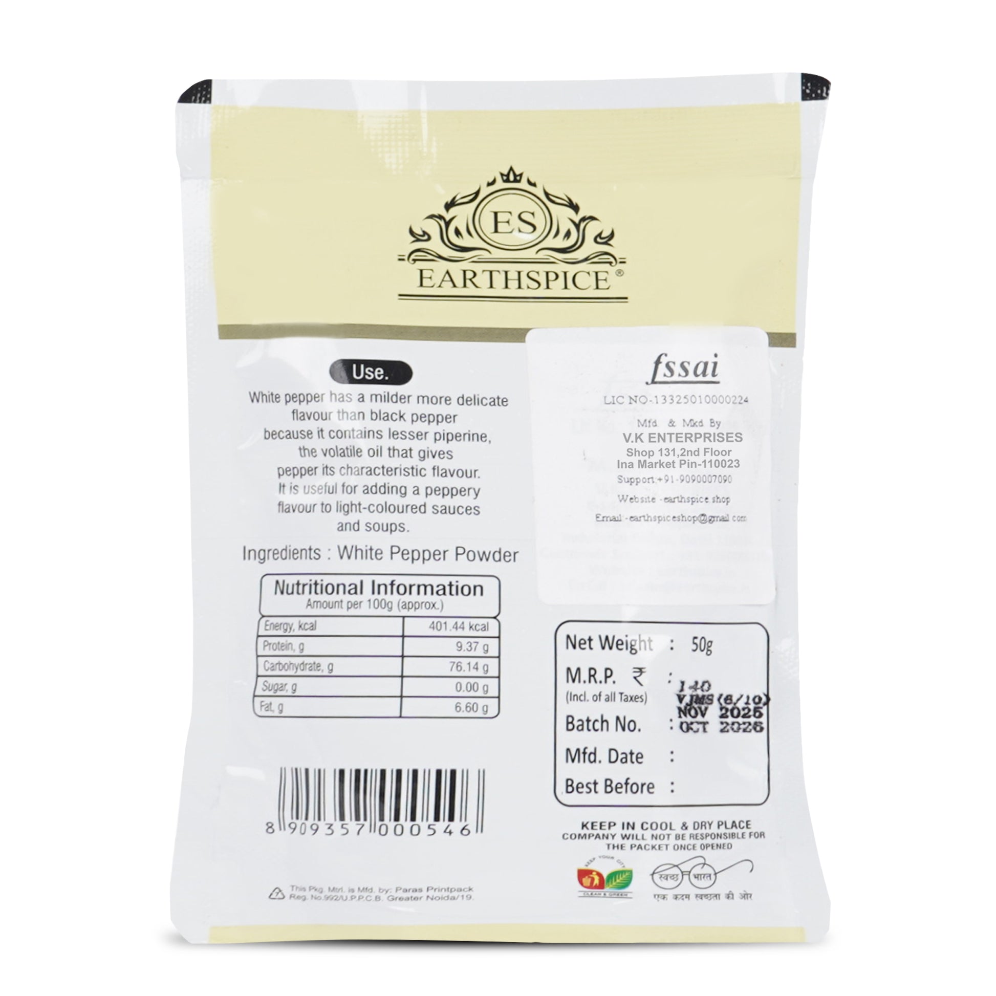 Earthspice white pepper powder package with nutritional information and branding.