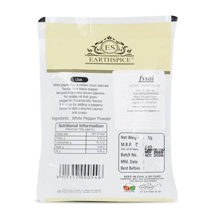 Earthspice white pepper powder package with nutritional information and branding.