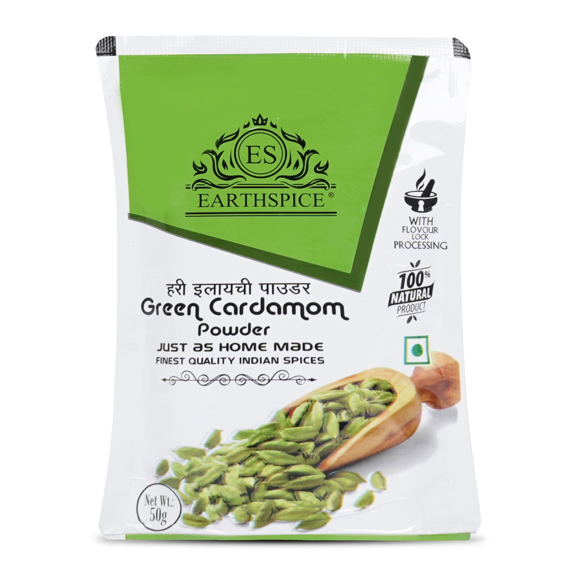 Earthspice Green Cardamom Powder Packaging on a white background.