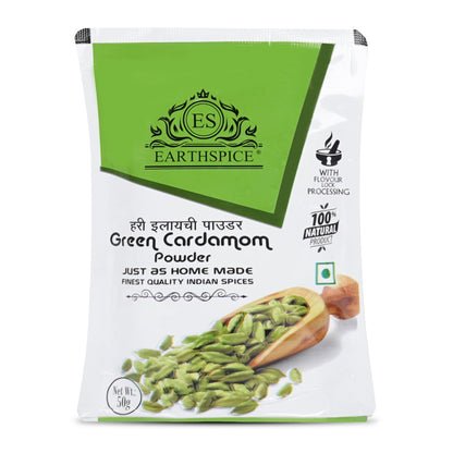 Earthspice Green Cardamom Powder Packaging on a white background.