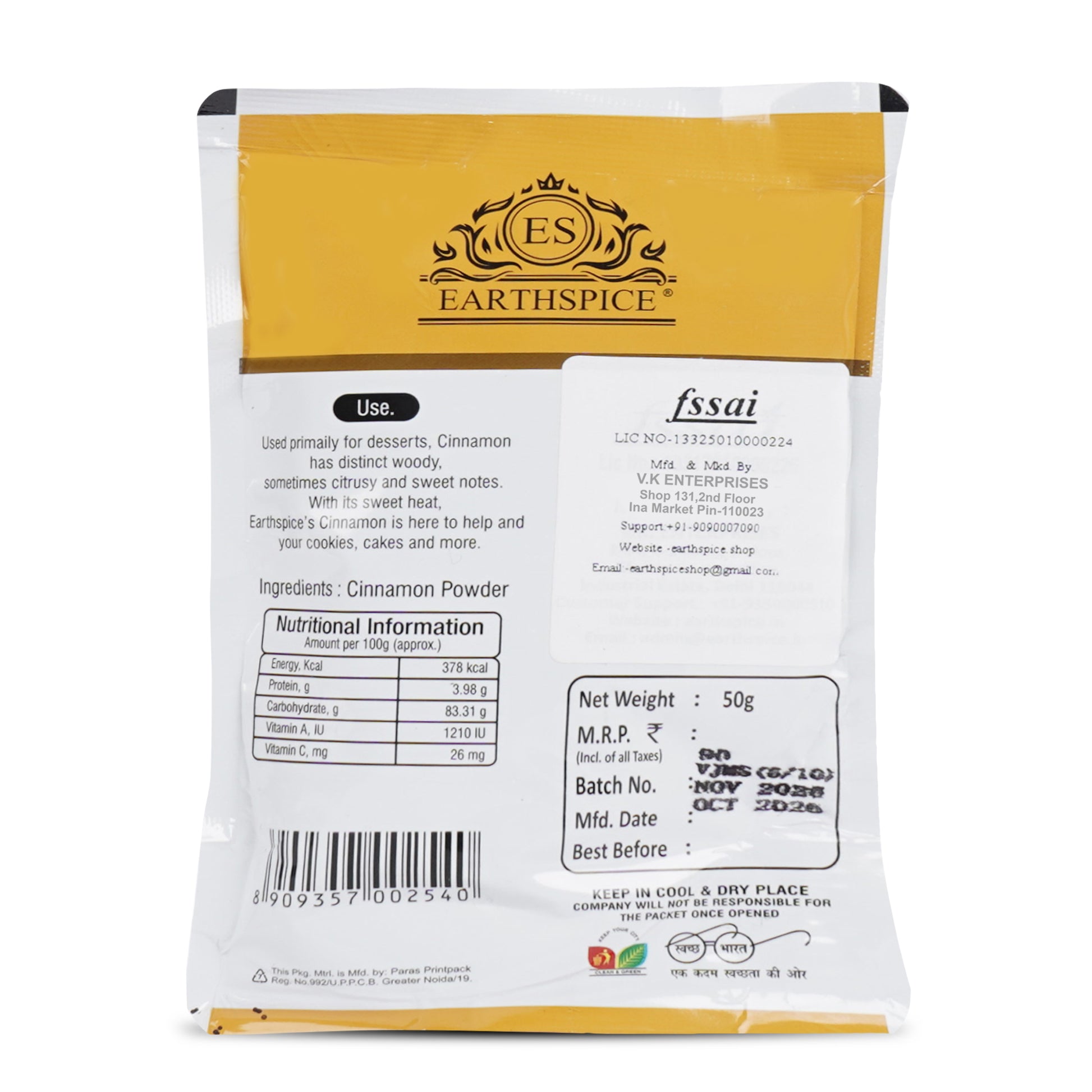 Earthspice cinnamon powder packaging with nutritional information and label