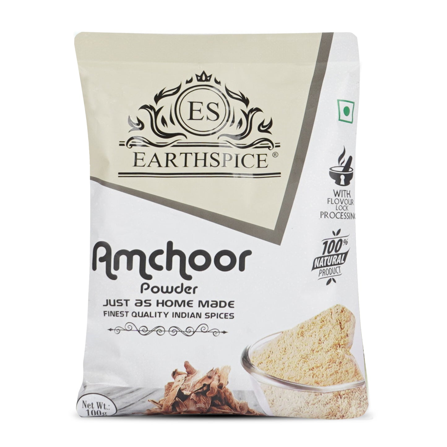 Earthspice Amchoor powder packaging on a white background