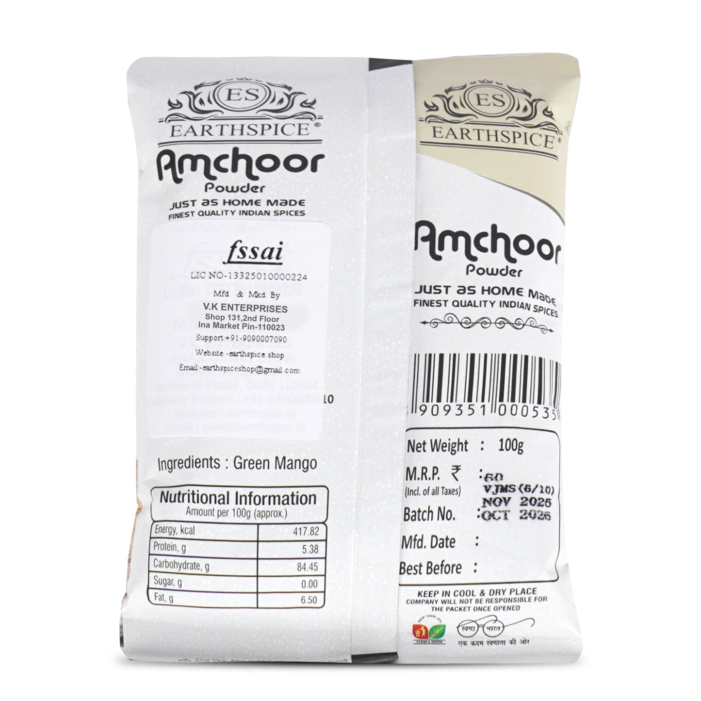Earthspice Amchoor powder packaging with labels and nutritional information.