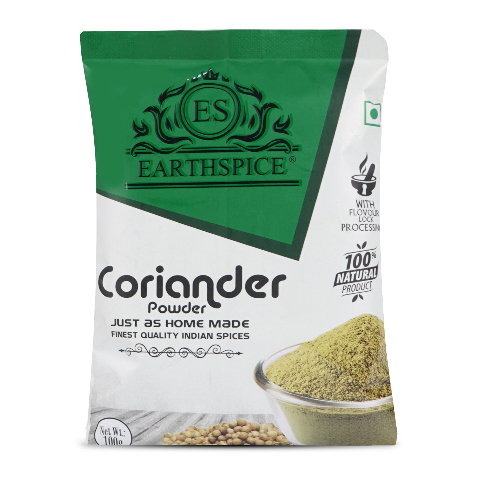 Earthspice coriander powder 100g packaging on a white background