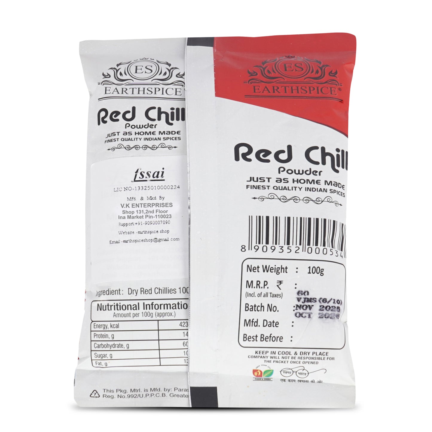Earthspice Red Chilli Powder 100g on a white background.