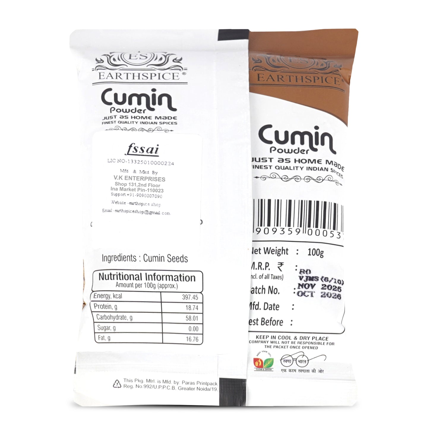 Earthspice Cumin Powder packaging with label details