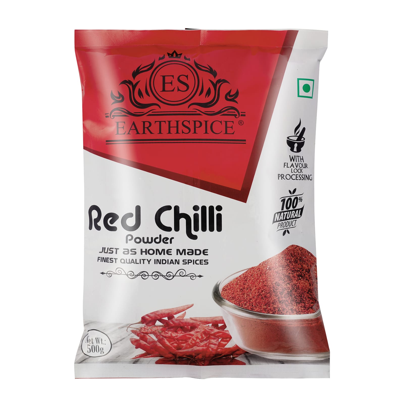 Packaging of Earthspice Red Chilli Powder on a white background