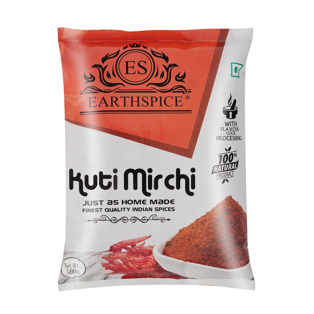Earthspice Kuti Mirchi 500g spice package on a white background