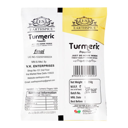 Earthspice Turmeric Powder packaging with label details.