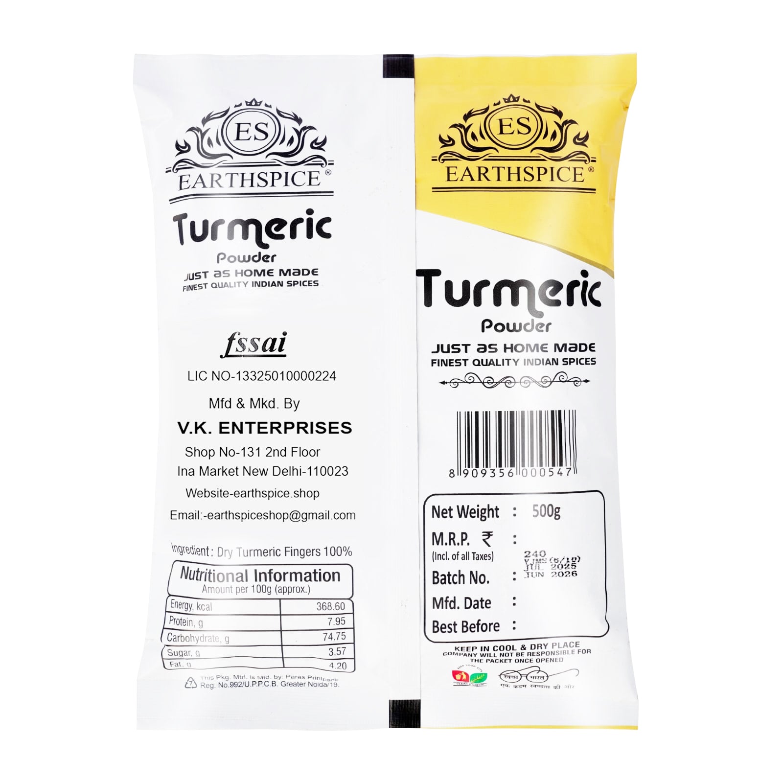 Earthspice Turmeric Powder 500g with label details
