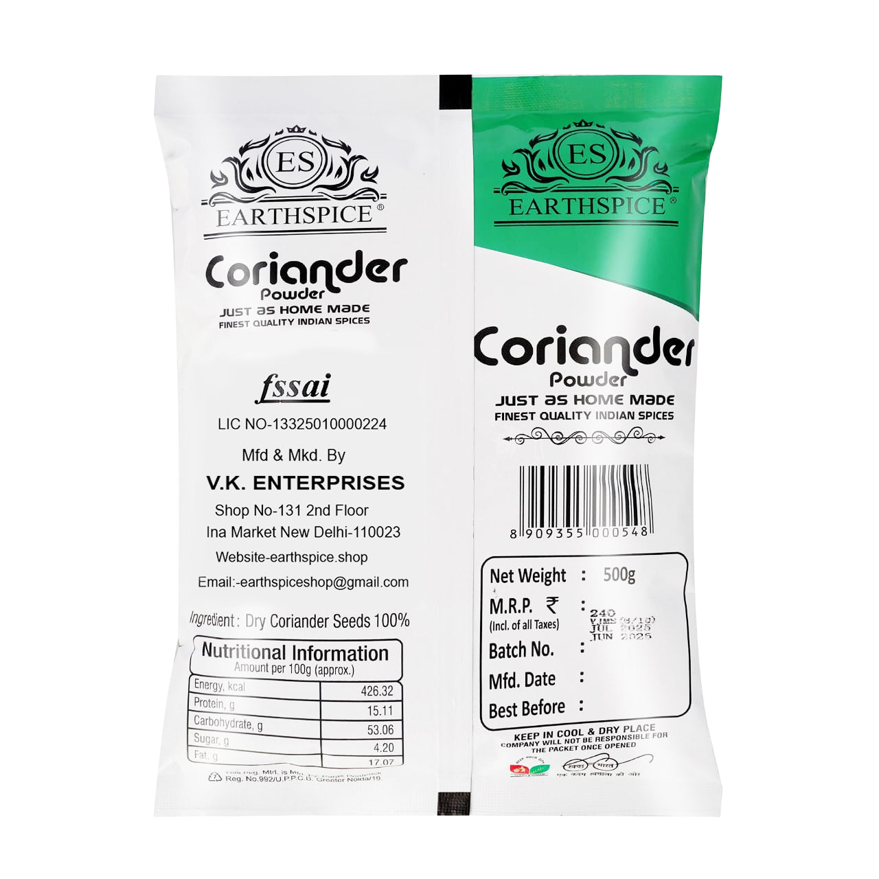 Earthspice coriander powder 500g packaging with label