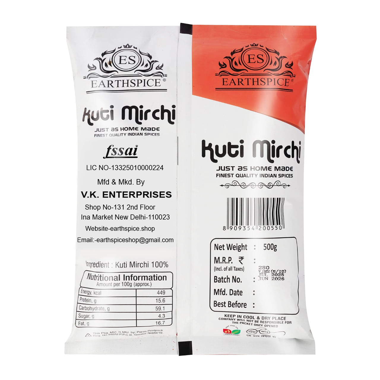 EarthSpice Kuti Mirchi spice package with branding and product details.