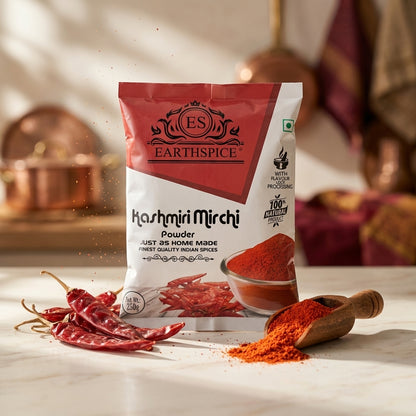 EarthSpice Kashmiri Mirchi powder 250g packaging with red chili peppers