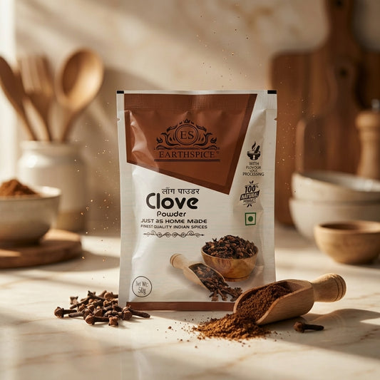 Earthspice clove powder packaging with cloves