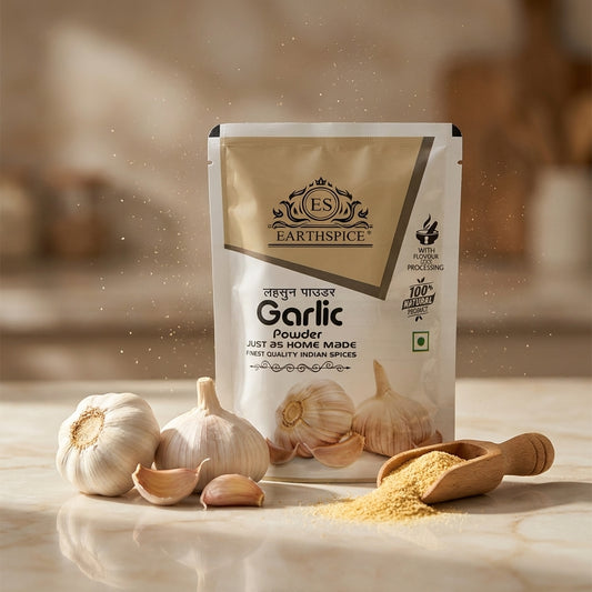 Earthspice Garlic Powder packaging with garlic bulbs