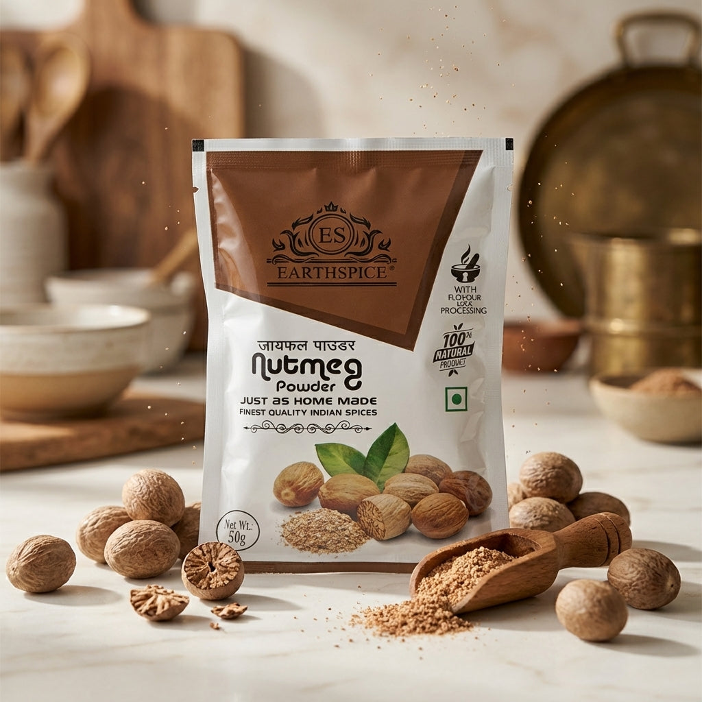 Earthspice Nutmeg Powder with nutmegs and a scoop