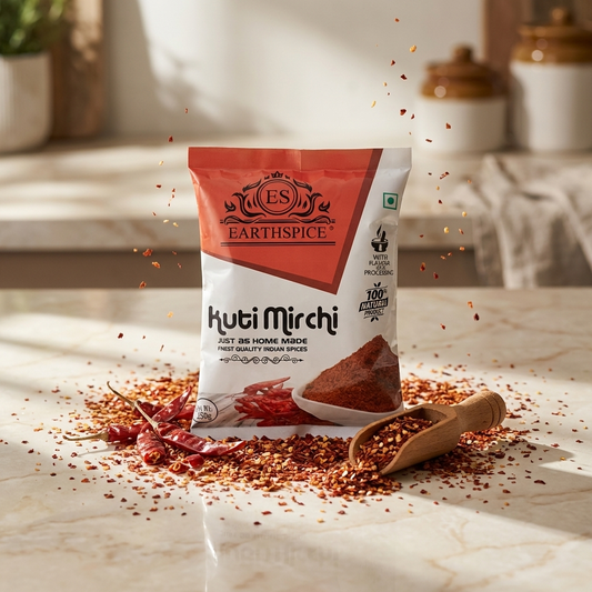 Earthspice Kuti Mirchi packet with red chili peppers.