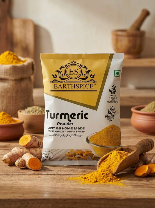 Earthspice turmeric powder 500g packaging on a wooden table