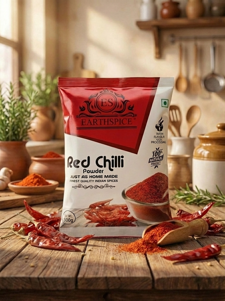 Earthspice Red Chilli Powder 500g packaging on a wooden table
