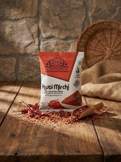 Earthspice Kuti Mirchi 500g packet on a wooden surface
