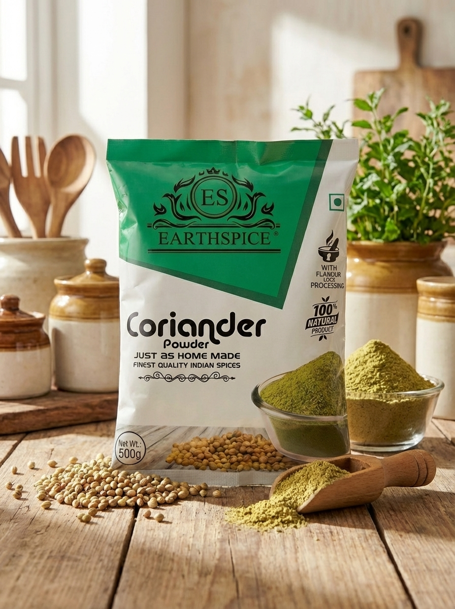 Earthspice coriander powder 500g packaging on a wooden surface
