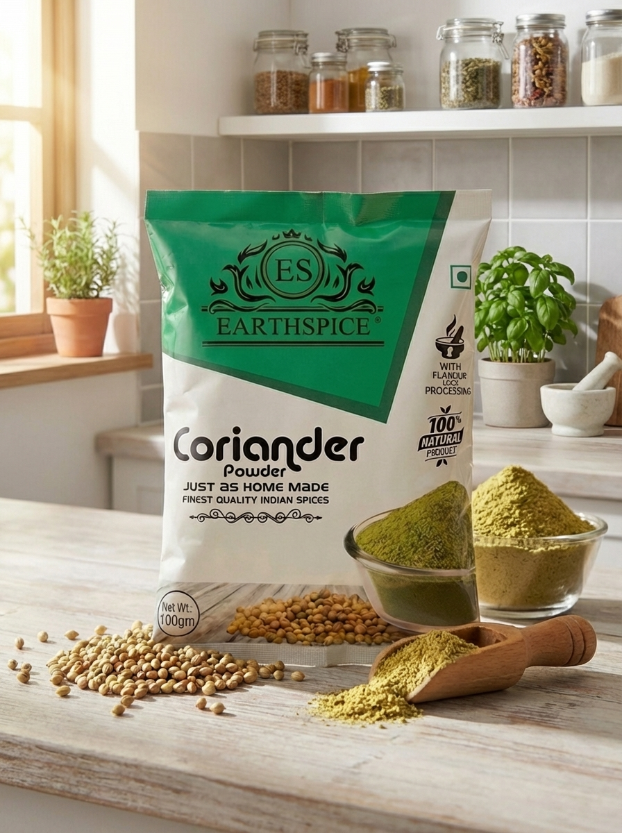 Earthspice coriander powder 100g packaging in a kitchen