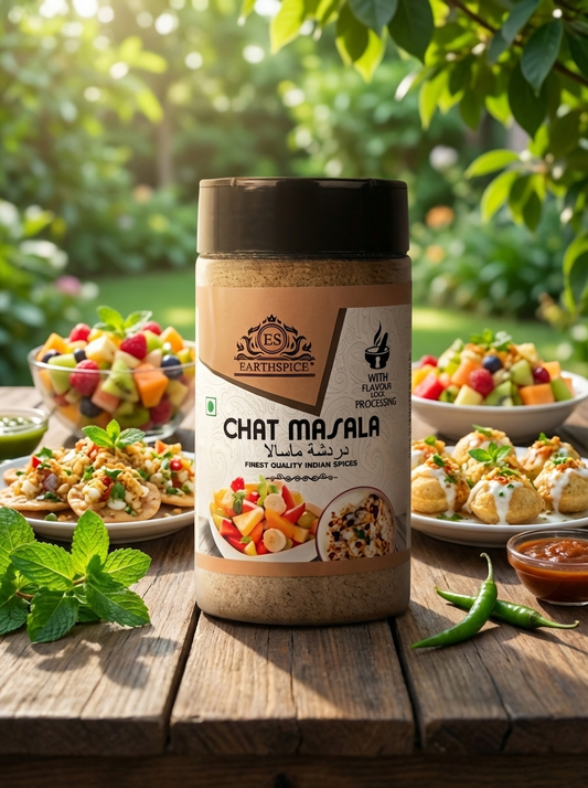 Jar of Earthspice Chat Masala on a wooden table