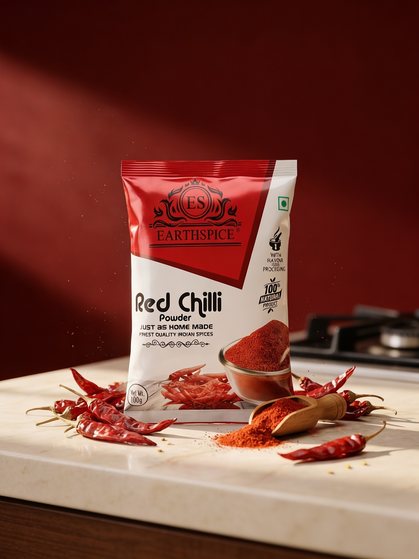 EarthSpice Red Chilli Powder 100g packaging with red chilies.