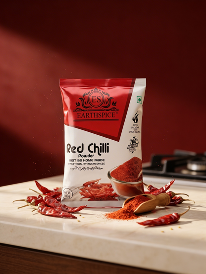 EarthSpice Red Chilli Powder 100g packaging with red chilies.