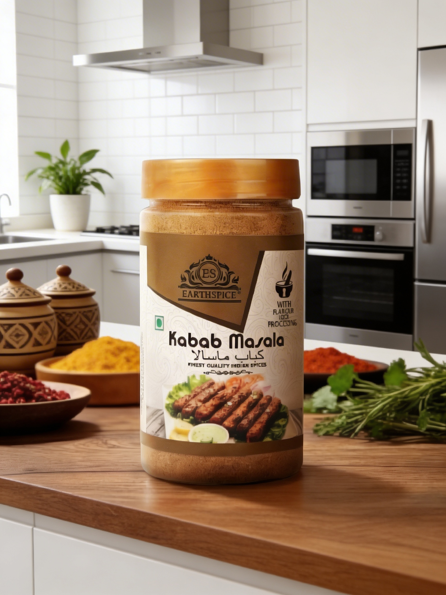 Earthspice Kabab Masala with ingredients in the background.