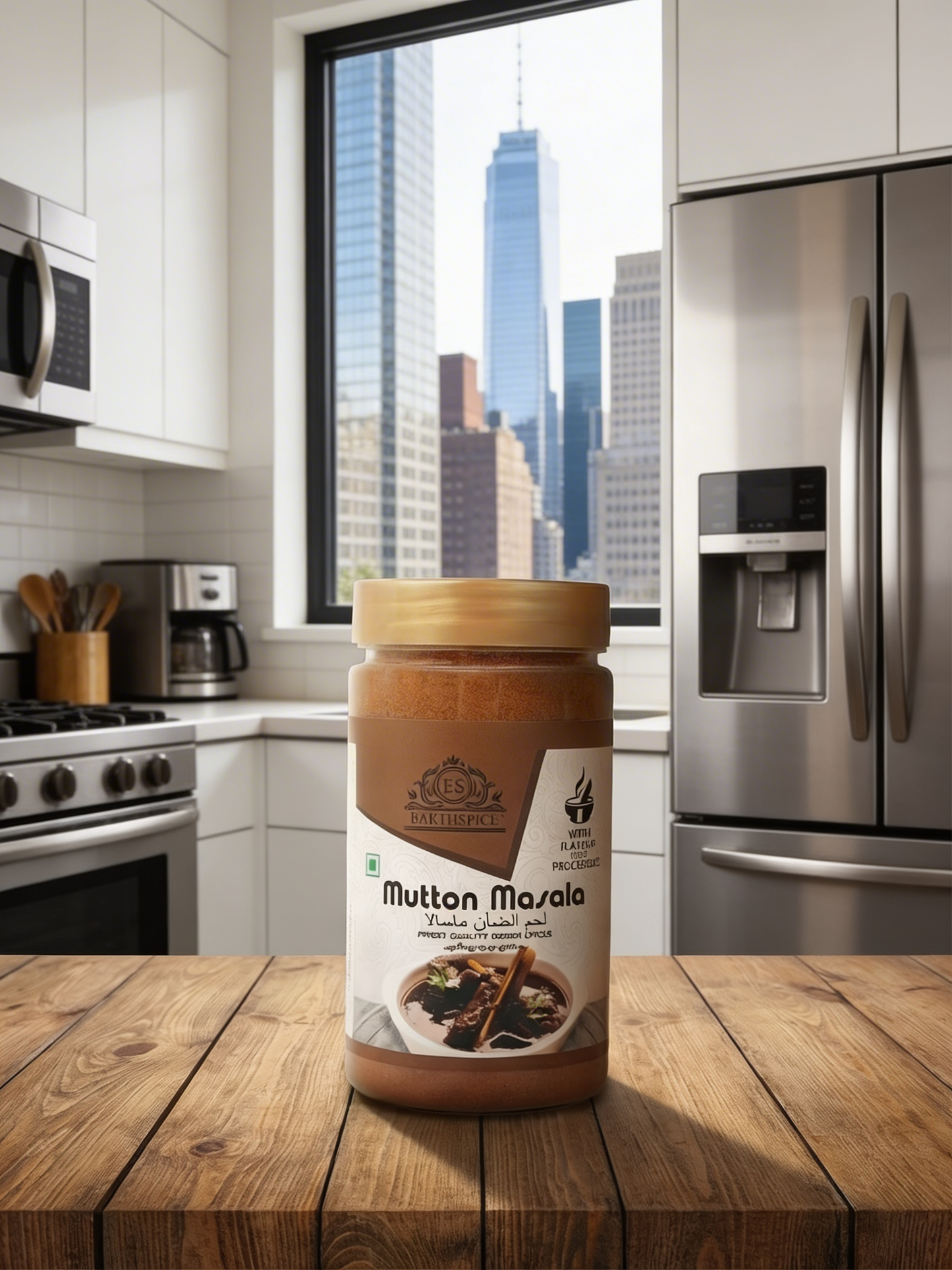 Earthspice Mutton Masala on a kitchen counter with cityscape view.