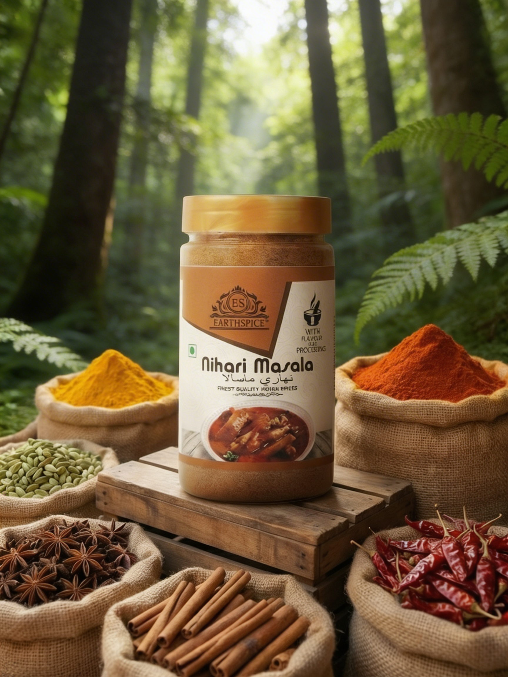 Earthspice Nihari Masala with spices in a forest setting.