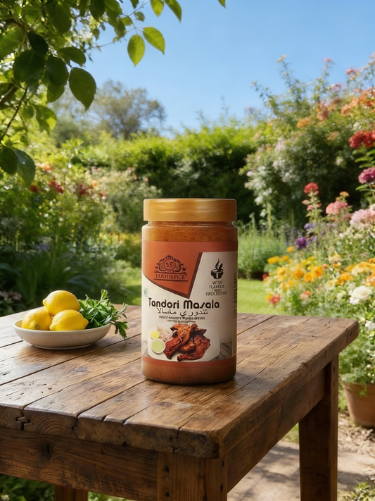 Earthspice Tandori Masala on a wooden table.