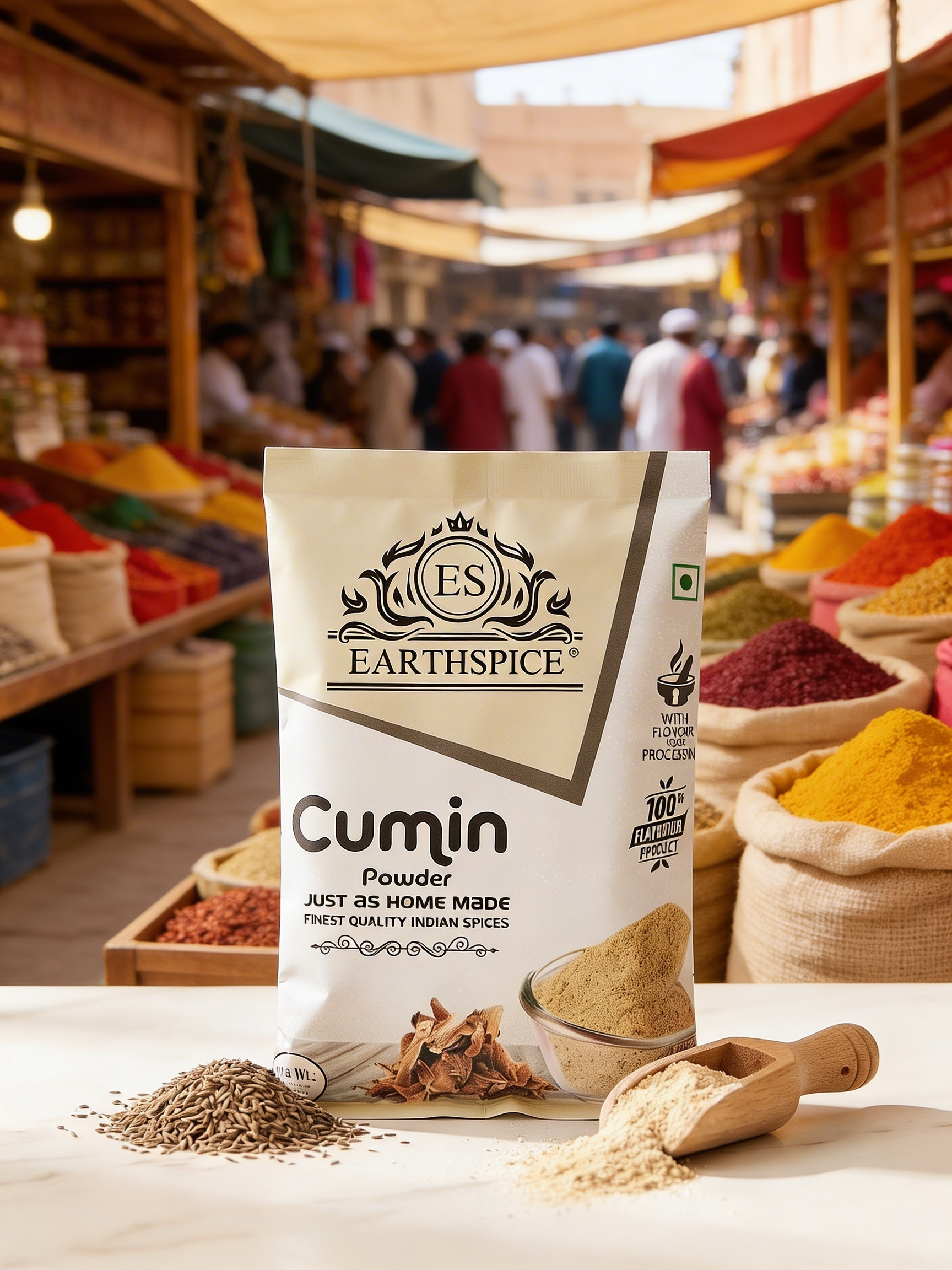 Earthspice cumin powder packaging with a market background