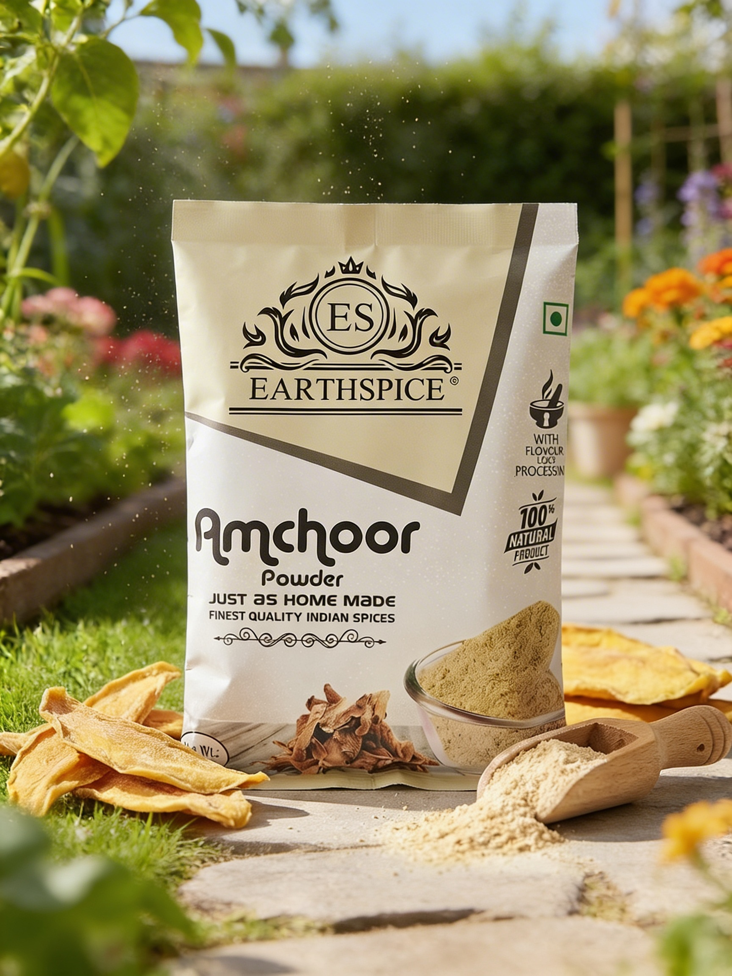 Earthspice Amchoor powder packaging with outdoor background
