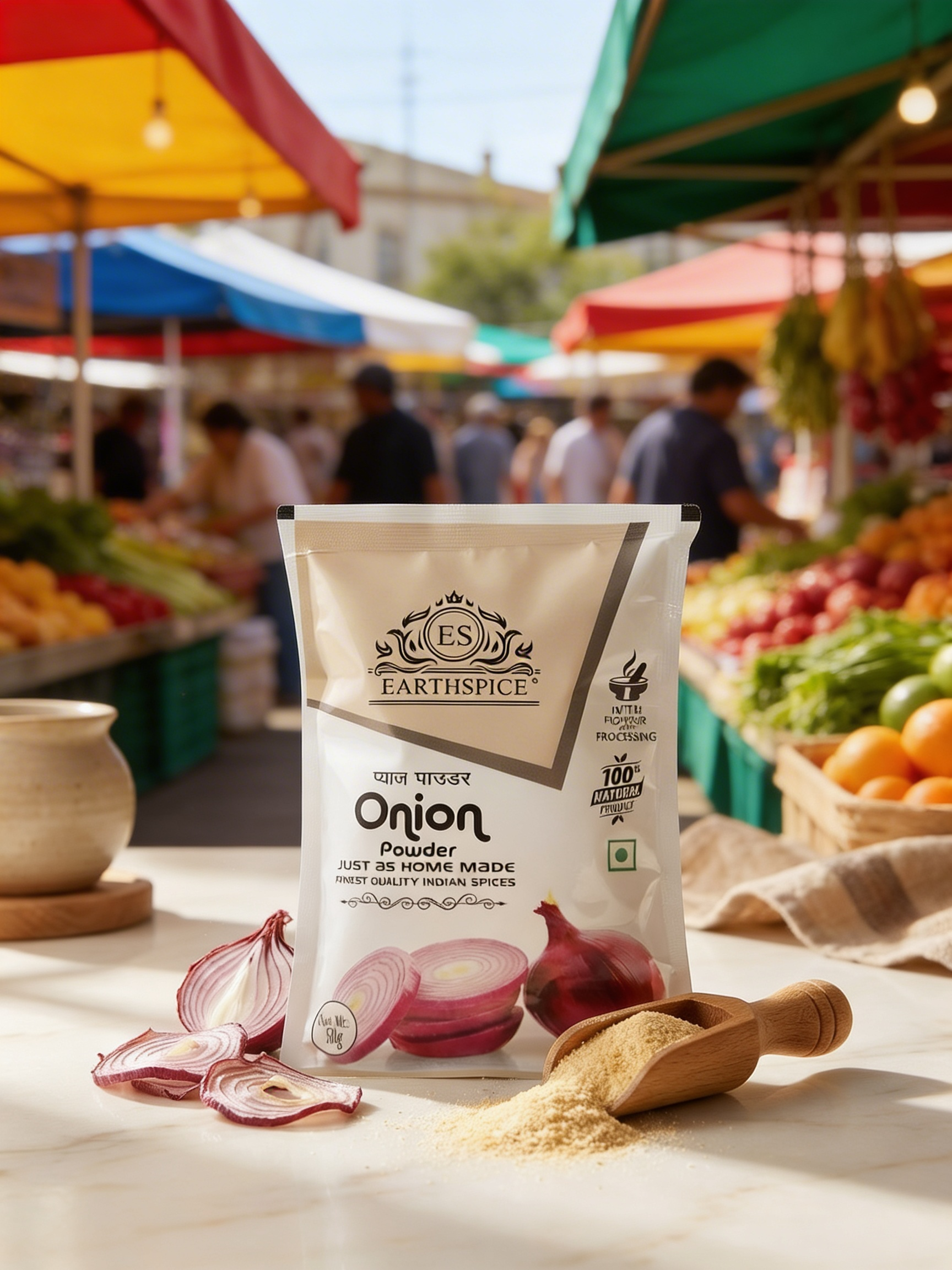 Earthspice onion powder package with fresh onions.