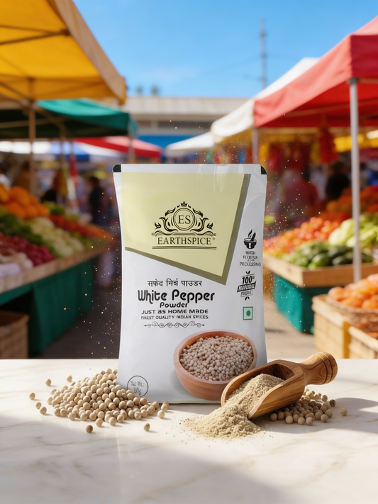 Earthspice white pepper powder packaging on a market background.