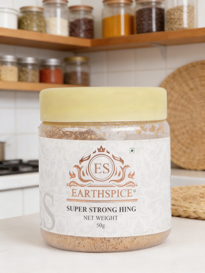 Earthspice Super Strong Hing on a kitchen counter.